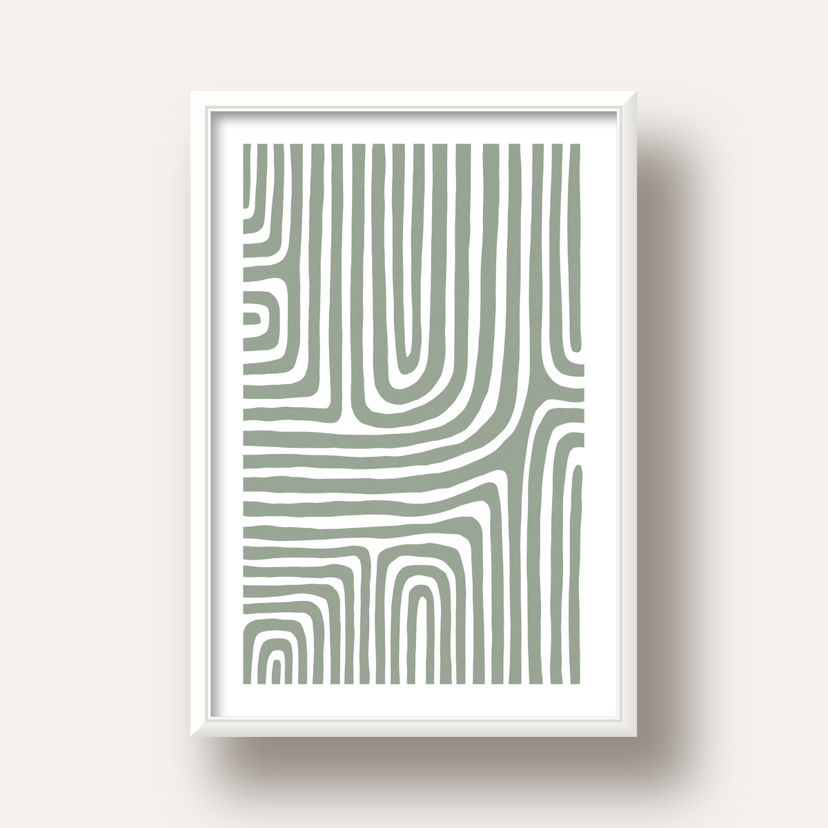 Yeşil Soyut Çizgili Desen Modern Poster Duvar Dekoru — beyaz derin çerçeveli paspartulu