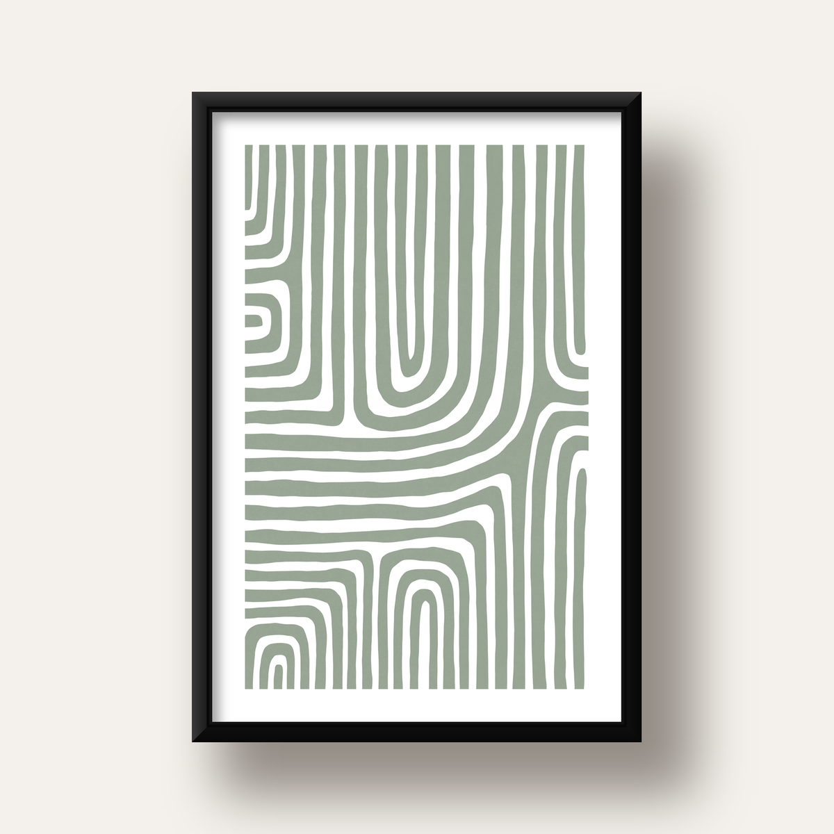 Yeşil Soyut Çizgili Desen Modern Poster Duvar Dekoru — siyah derin çerçeveli paspartulu