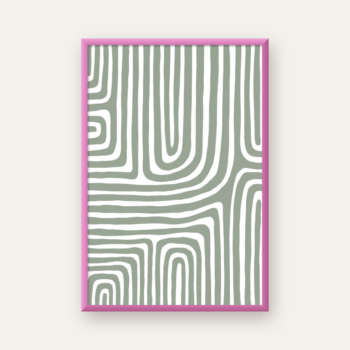 Yeşil Soyut Çizgili Desen Modern Poster Duvar Dekoru — pembe çerçeveli