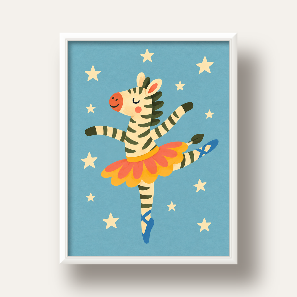 Balerin Zebra ve Yıldızlar Çocuk Odası Poster Sanatı — beyaz derin çerçeveli