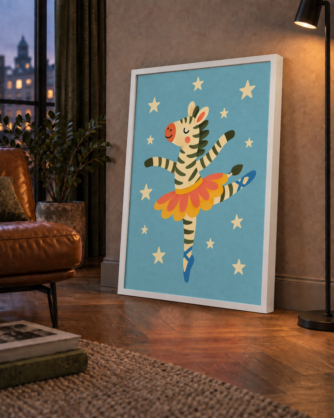 Balerin Zebra ve Yıldızlar Çocuk Odası Poster Sanatı — çerçeveli hâliyle bir ev duvarında
