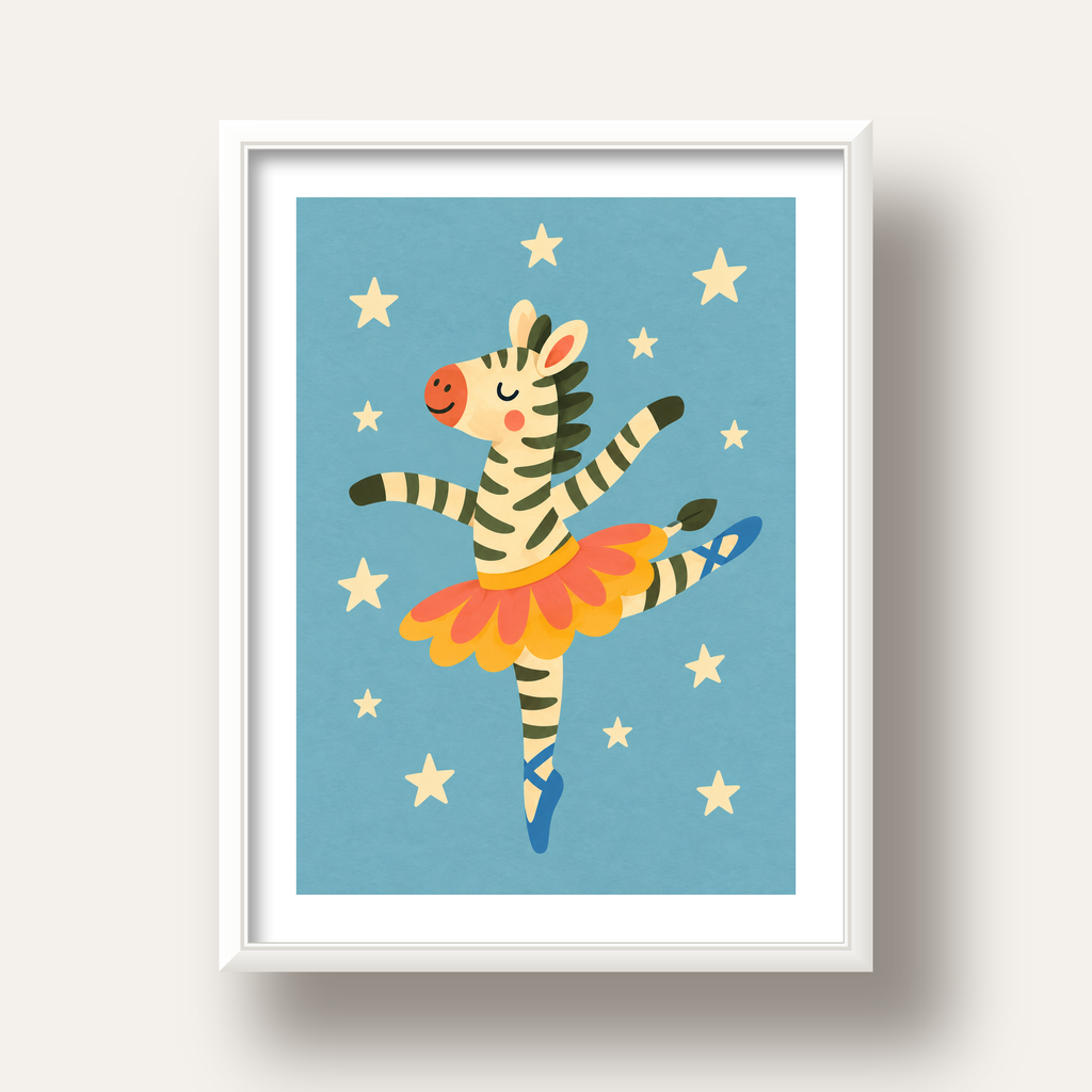 Balerin Zebra ve Yıldızlar Çocuk Odası Poster Sanatı — beyaz derin çerçeveli paspartulu