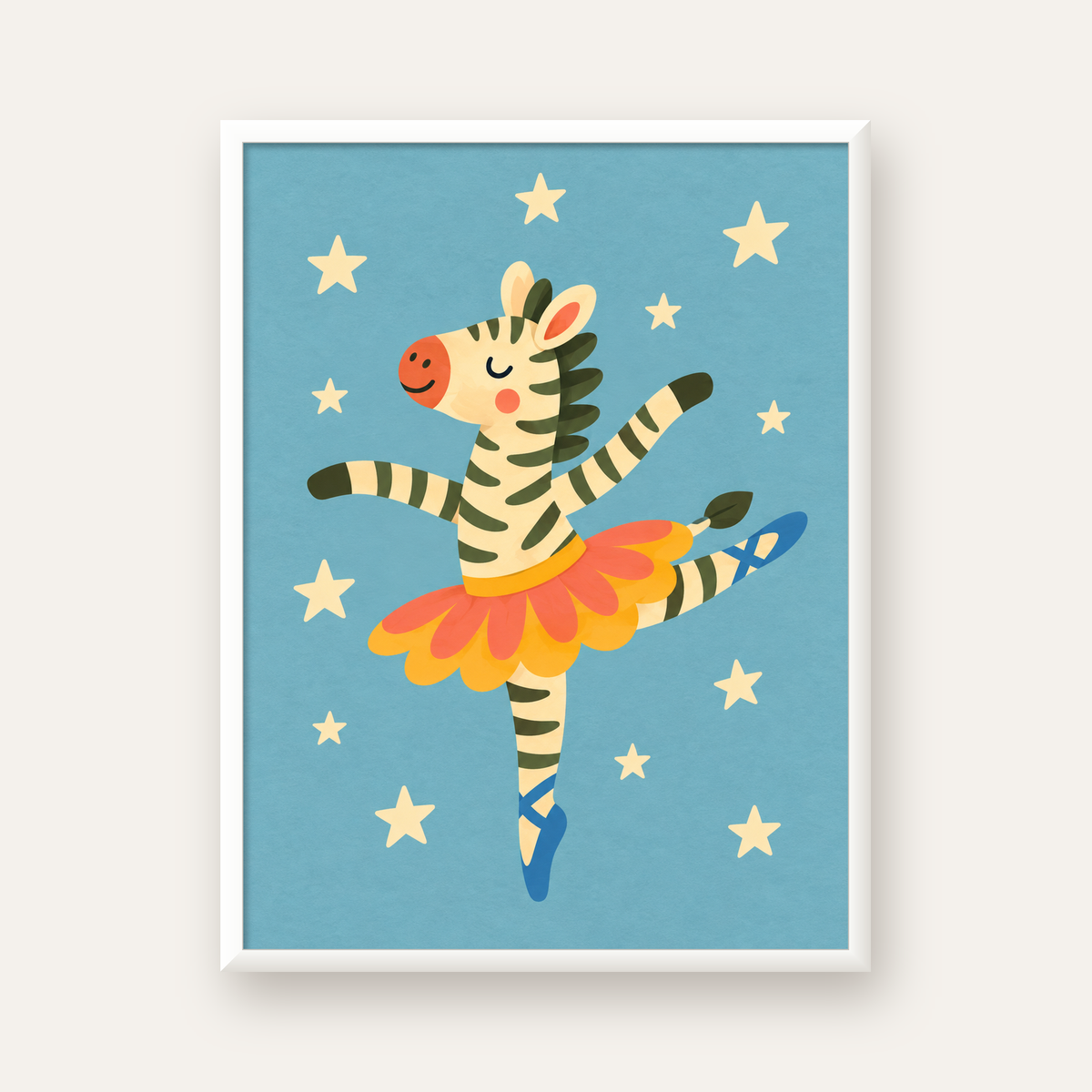 Balerin Zebra ve Yıldızlar Çocuk Odası Poster Sanatı — beyaz çerçeveli dikey poster
