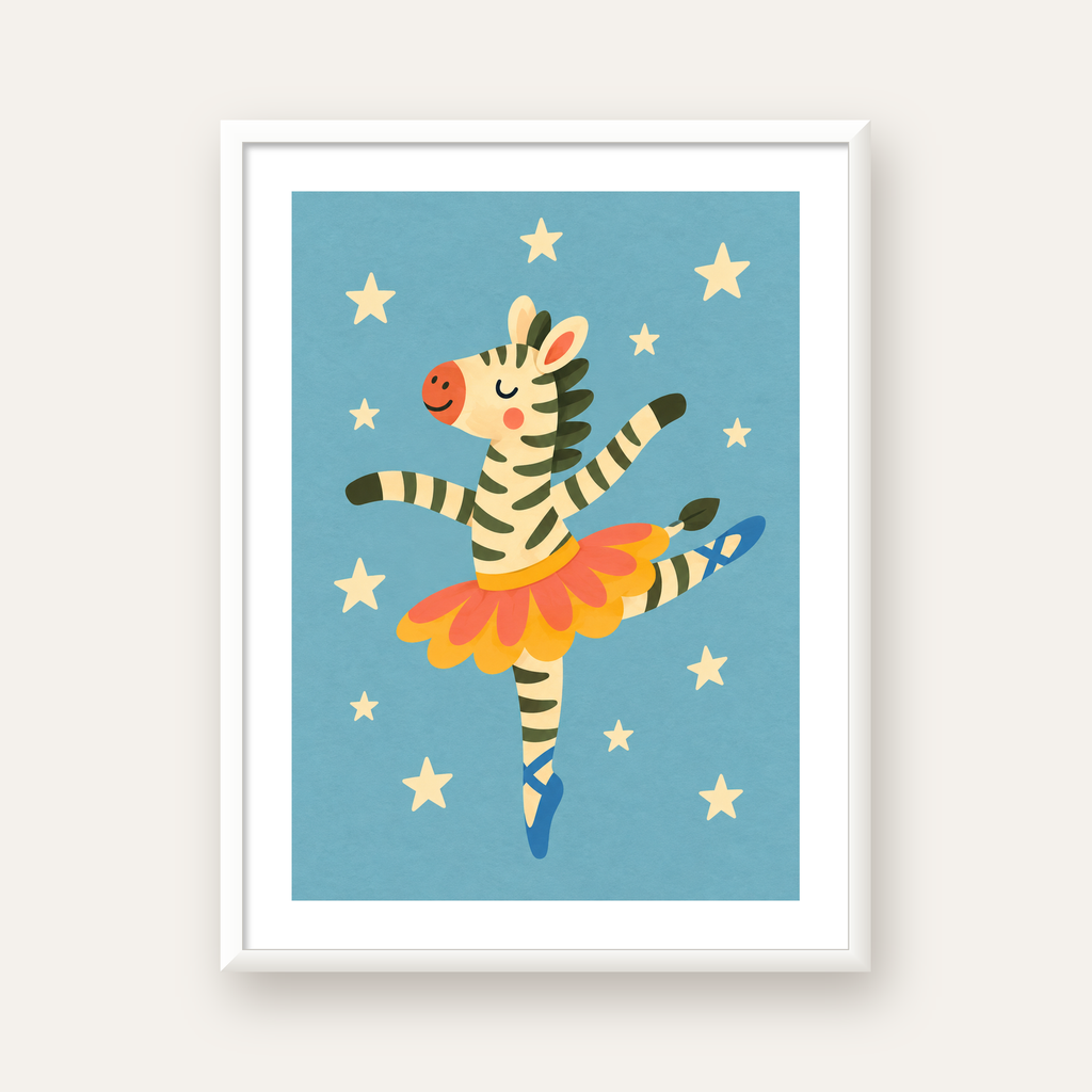 Balerin Zebra ve Yıldızlar Çocuk Odası Poster Sanatı — beyaz çerçeveli dikey poster