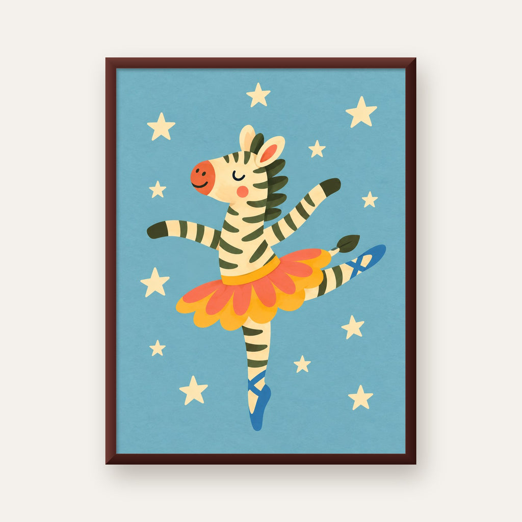 Balerin Zebra ve Yıldızlar Çocuk Odası Poster Sanatı — ceviz çerçeveli