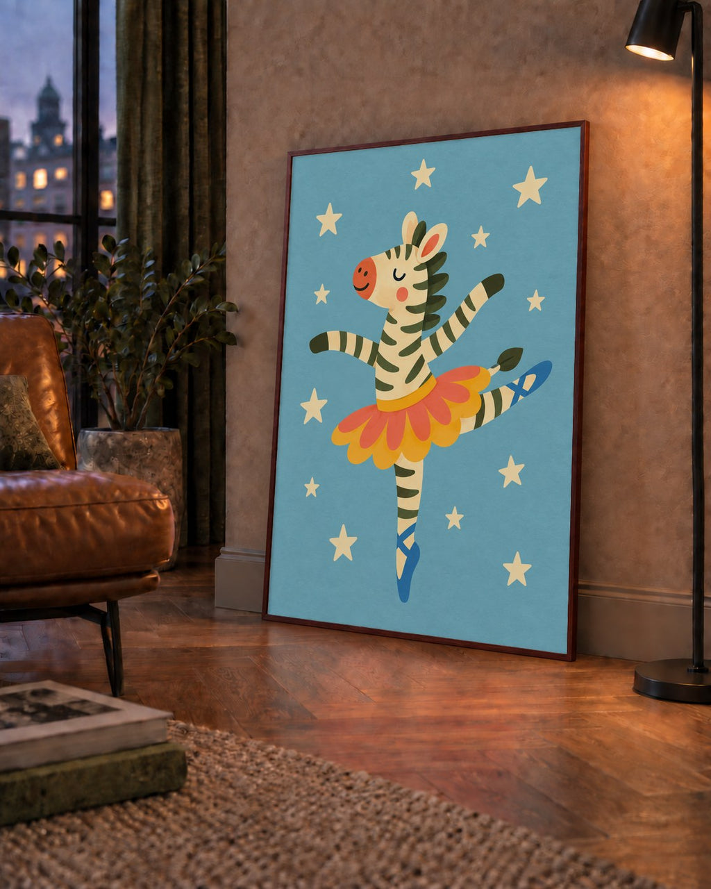 Balerin Zebra ve Yıldızlar Çocuk Odası Poster Sanatı — çerçeveli hâliyle bir ev duvarında