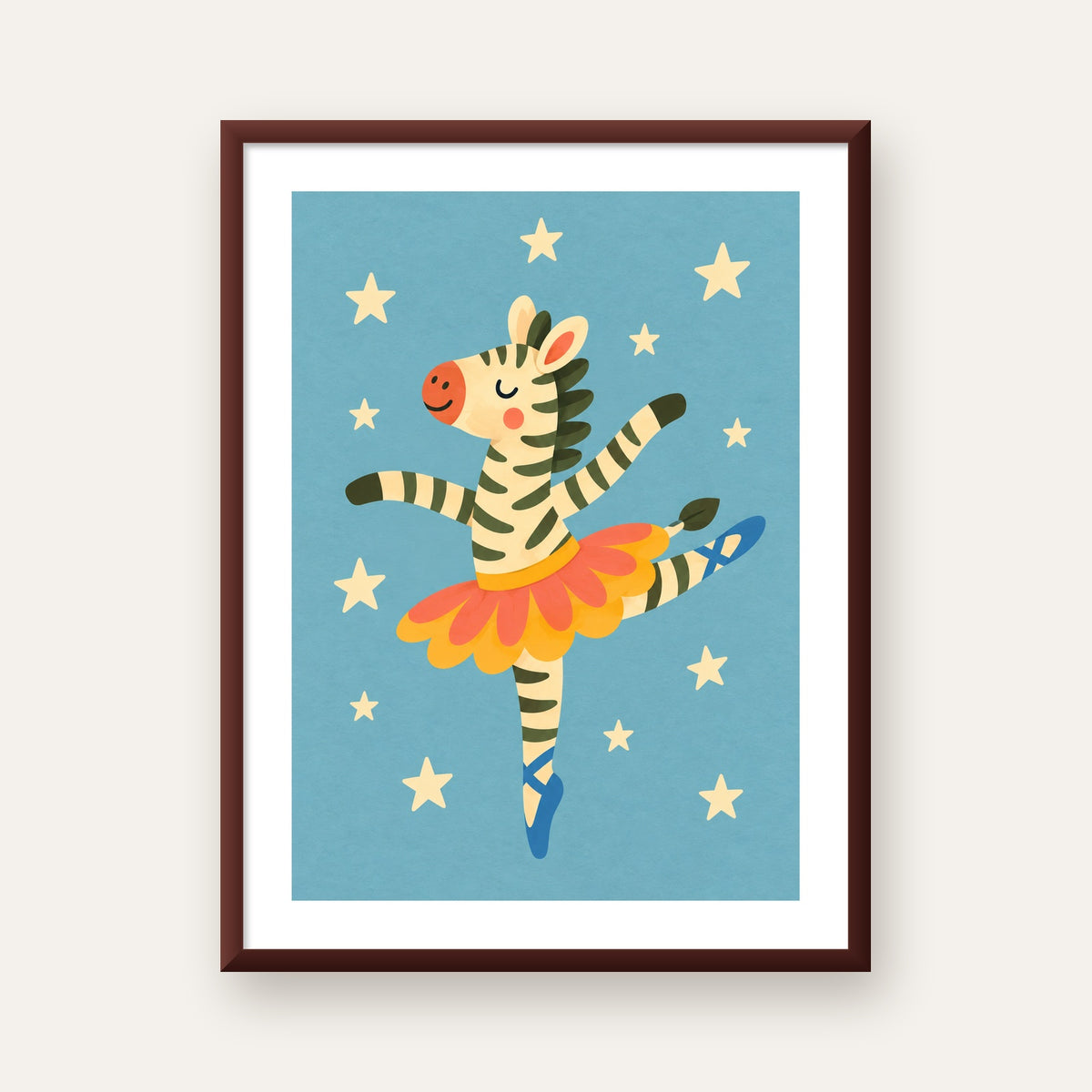 Balerin Zebra ve Yıldızlar Çocuk Odası Poster Sanatı — ceviz çerçeveli paspartulu