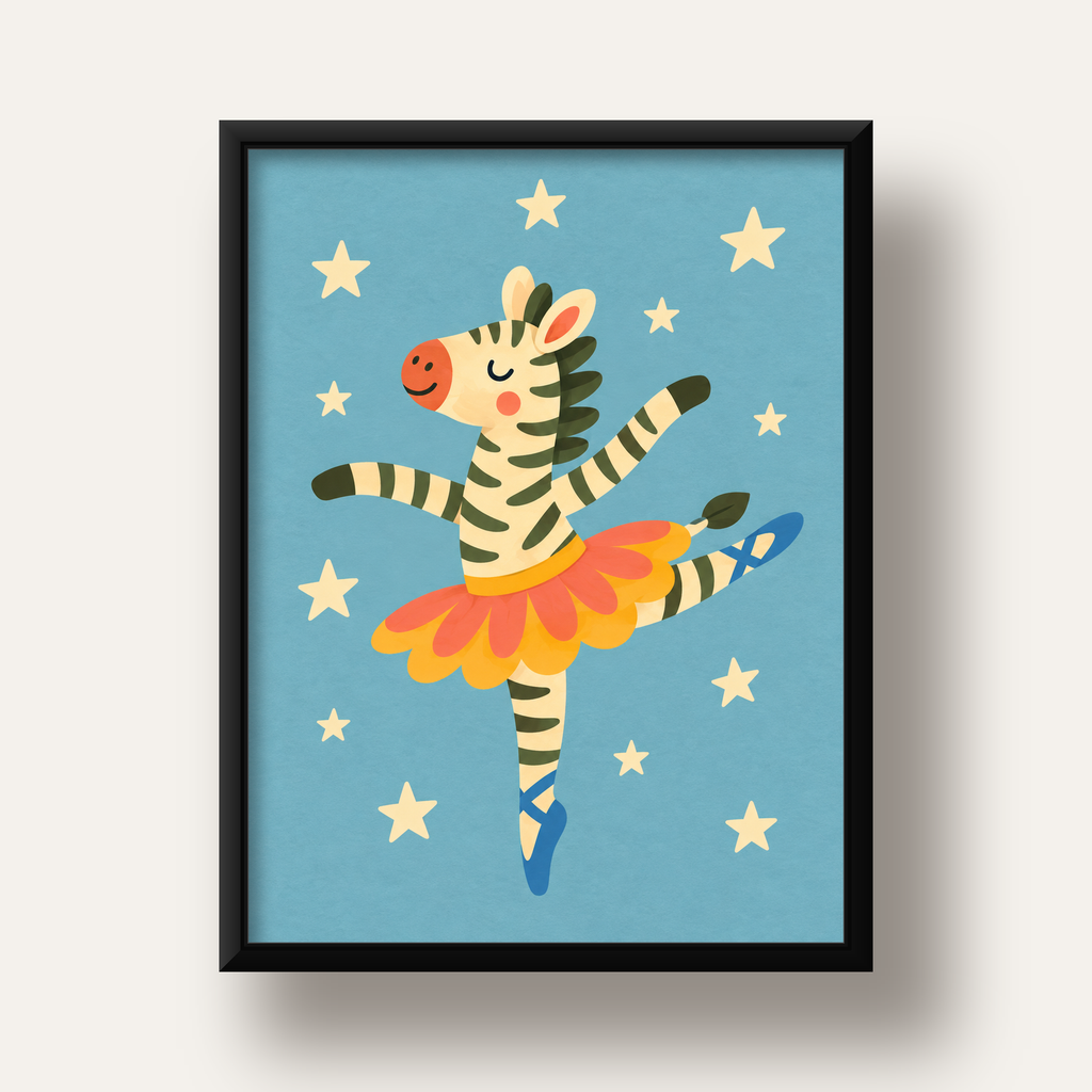 Balerin Zebra ve Yıldızlar Çocuk Odası Poster Sanatı — siyah derin çerçeveli