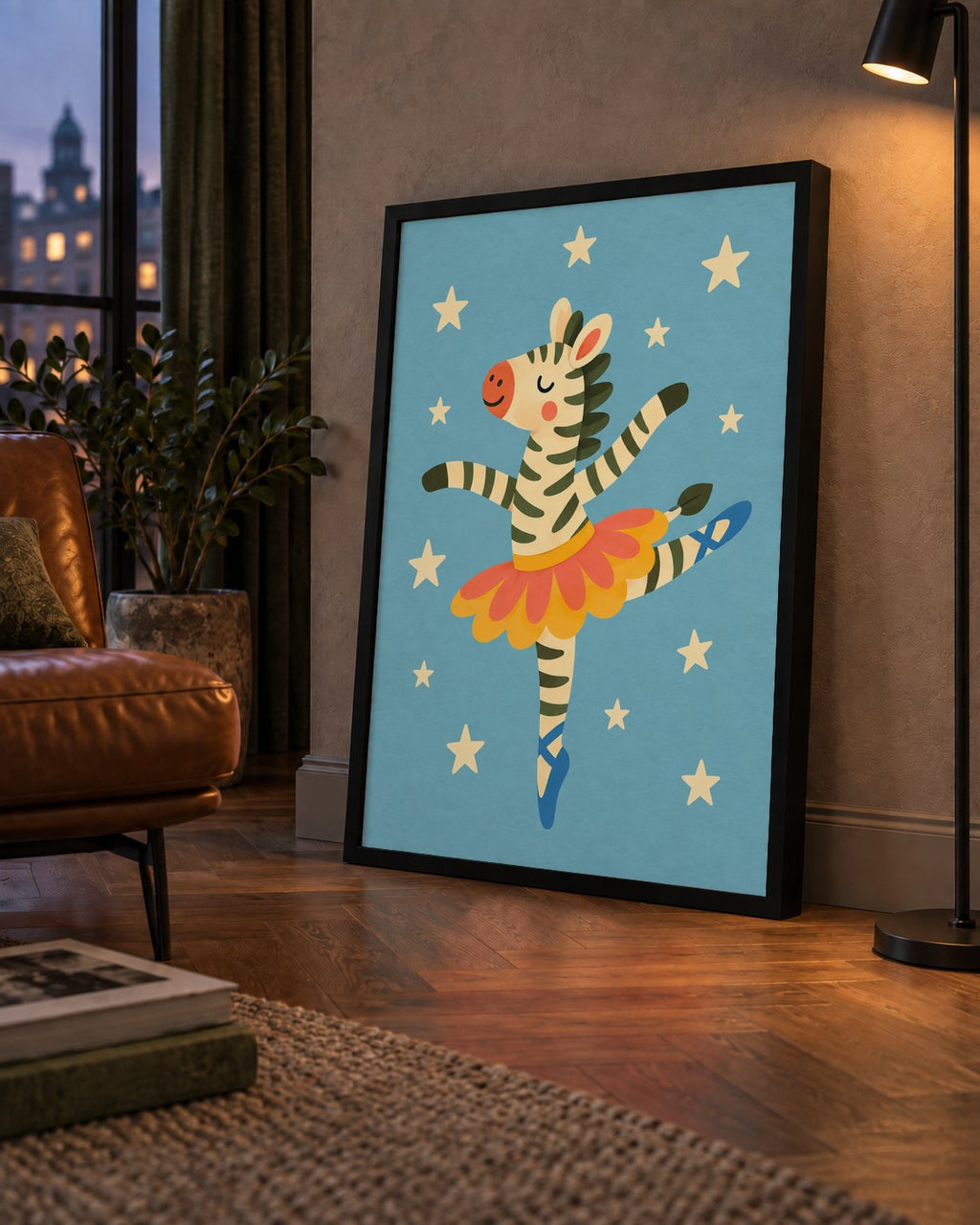 Balerin Zebra ve Yıldızlar Çocuk Odası Poster Sanatı — çerçeveli hâliyle bir ev duvarında