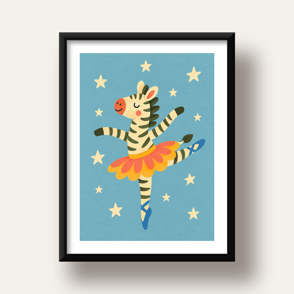 Balerin Zebra ve Yıldızlar Çocuk Odası Poster Sanatı — siyah derin çerçeveli paspartulu