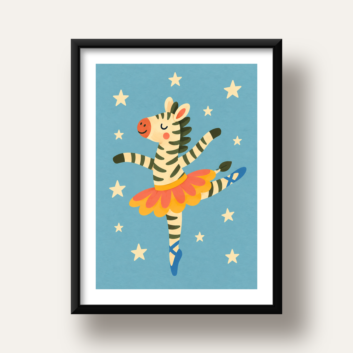 Balerin Zebra ve Yıldızlar Çocuk Odası Poster Sanatı — siyah derin çerçeveli paspartulu