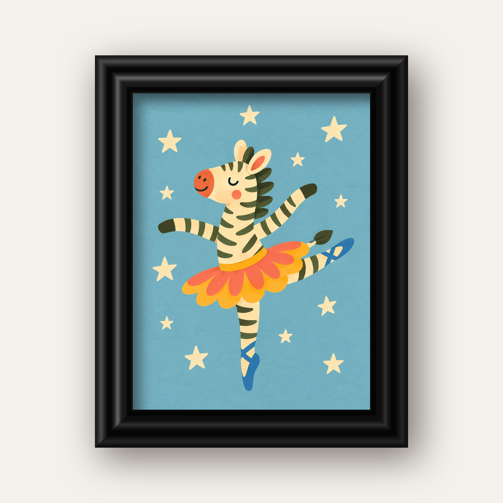 Balerin Zebra ve Yıldızlar Çocuk Odası Poster Sanatı — siyah galeri çerçeveli