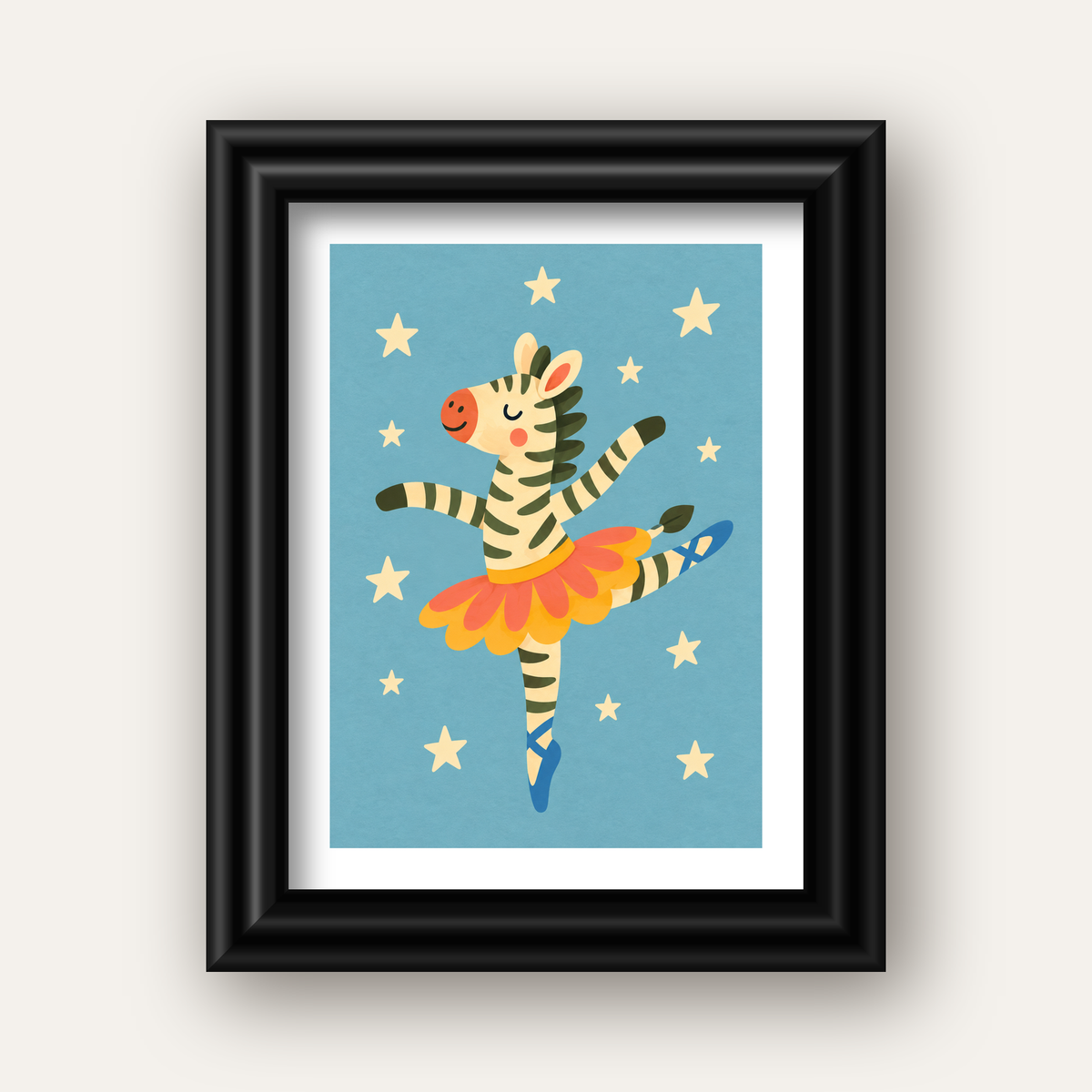 Balerin Zebra ve Yıldızlar Çocuk Odası Poster Sanatı — siyah galeri çerçeveli paspartulu