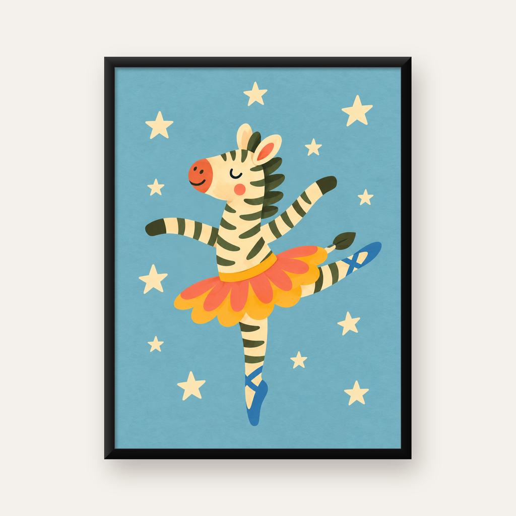 Balerin Zebra ve Yıldızlar Çocuk Odası Poster Sanatı — Dikey baskı, düz siyah çerçeveli duvar posteri