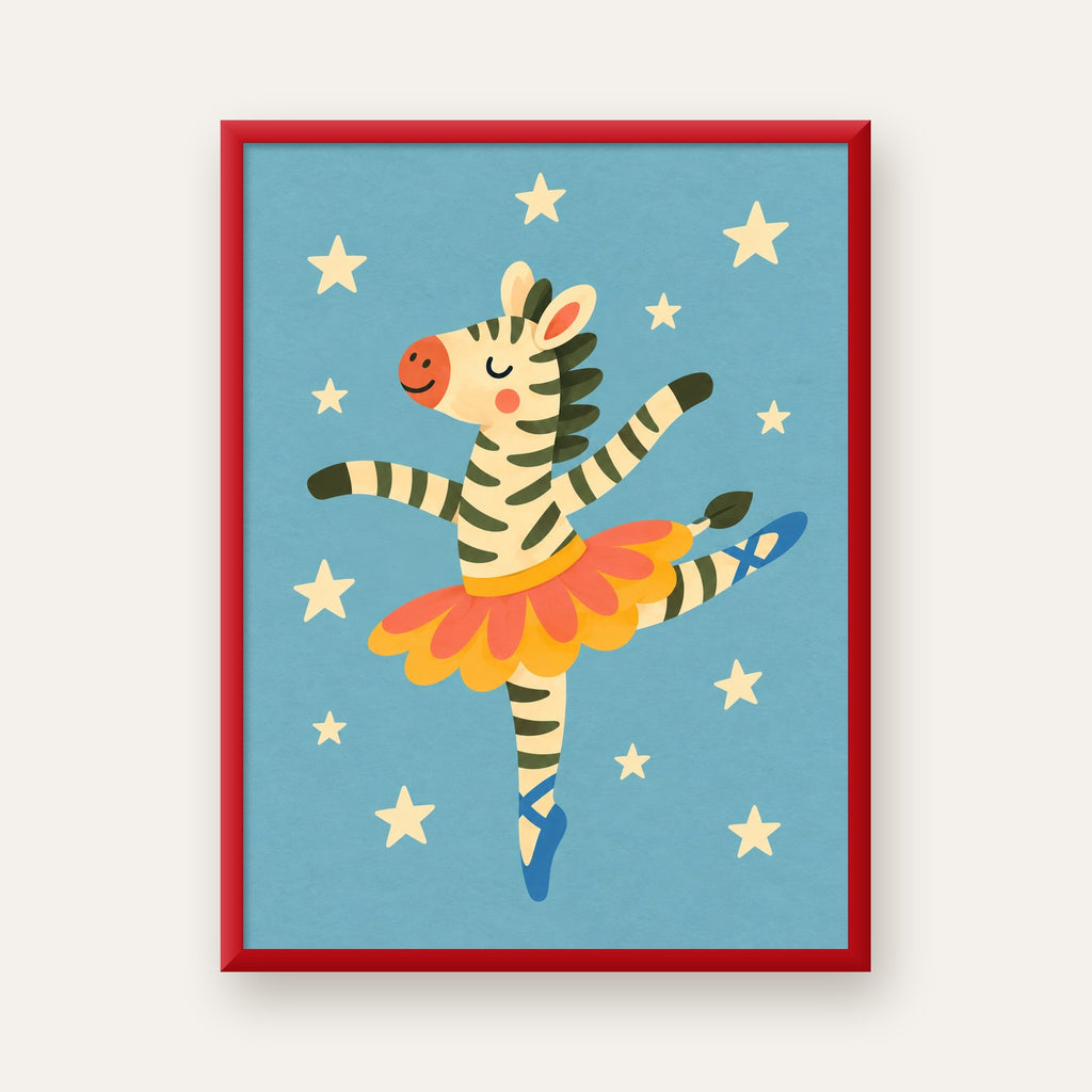 Balerin Zebra ve Yıldızlar Çocuk Odası Poster Sanatı — kırmızı çerçeveli