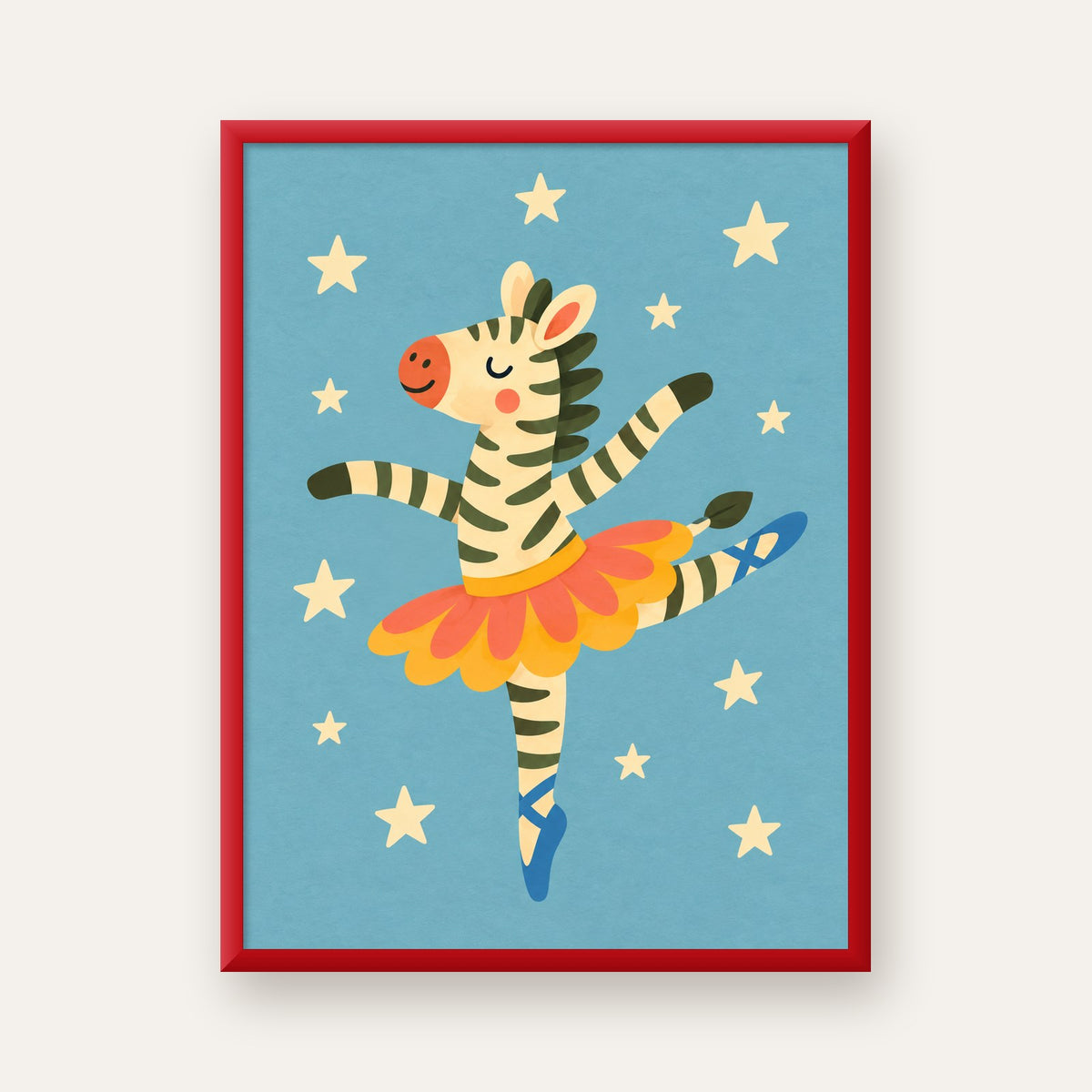 Balerin Zebra ve Yıldızlar Çocuk Odası Poster Sanatı — kırmızı çerçeveli