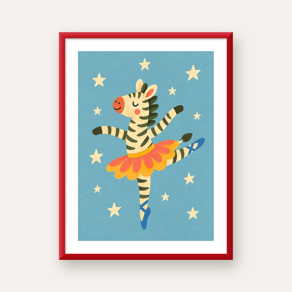 Balerin Zebra ve Yıldızlar Çocuk Odası Poster Sanatı — kırmızı çerçeveli paspartulu