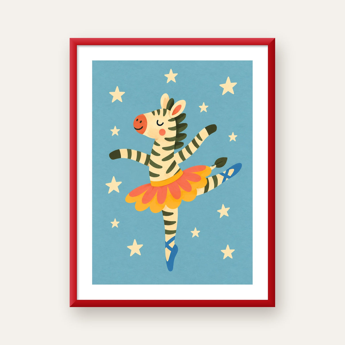 Balerin Zebra ve Yıldızlar Çocuk Odası Poster Sanatı — kırmızı çerçeveli paspartulu