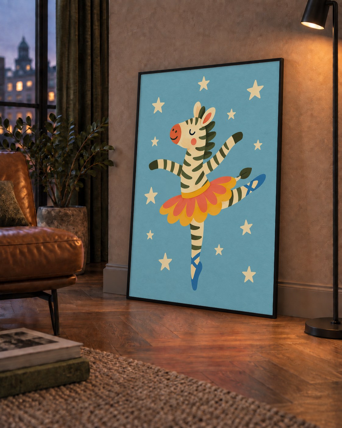Balerin Zebra ve Yıldızlar Çocuk Odası Poster Sanatı — çerçeveli hâliyle bir ev duvarında