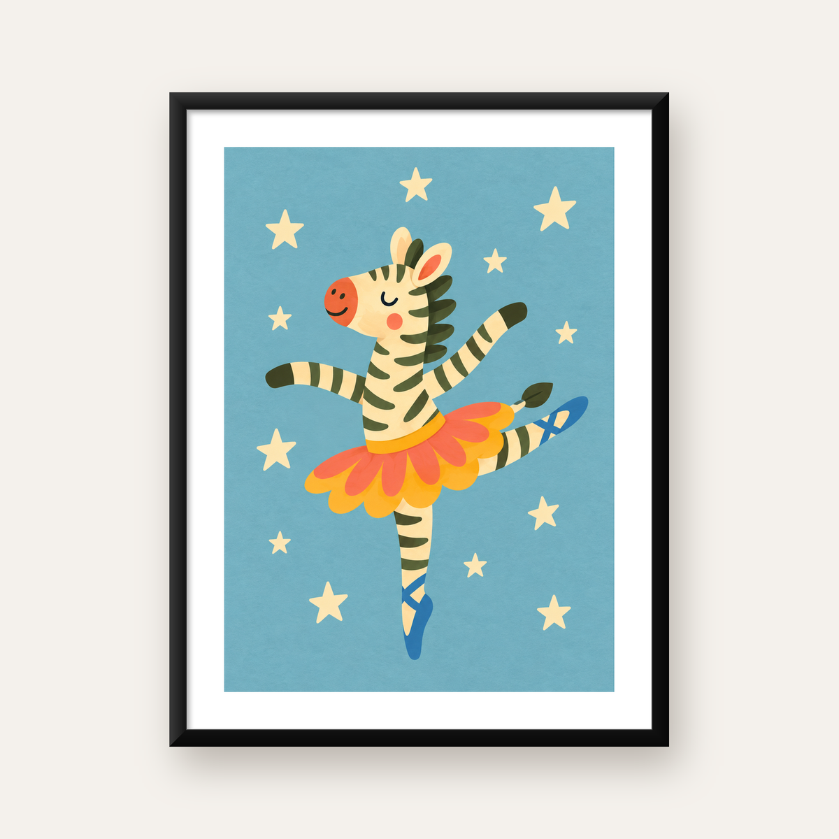 Balerin Zebra ve Yıldızlar Çocuk Odası Poster Sanatı — Dikey baskı, beyaz kenar boşluklu