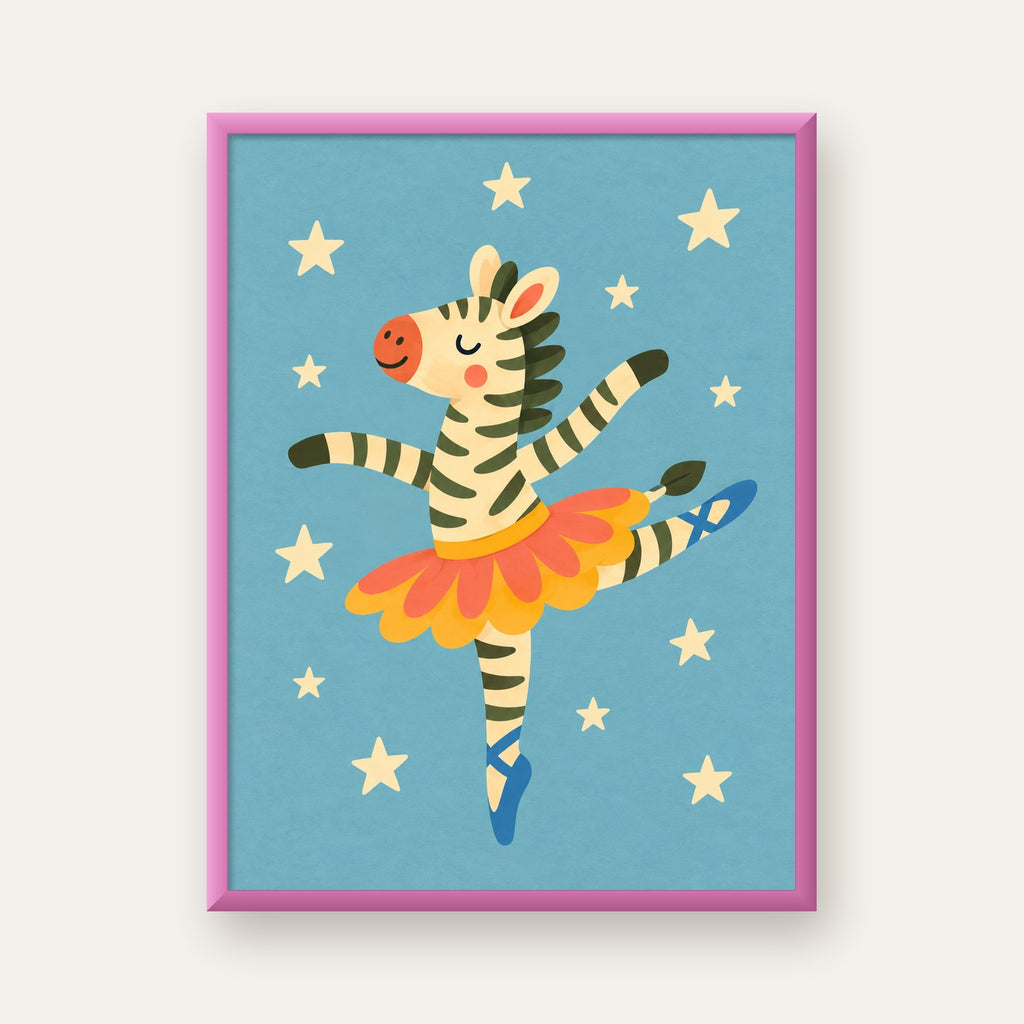 Balerin Zebra ve Yıldızlar Çocuk Odası Poster Sanatı — pembe çerçeveli
