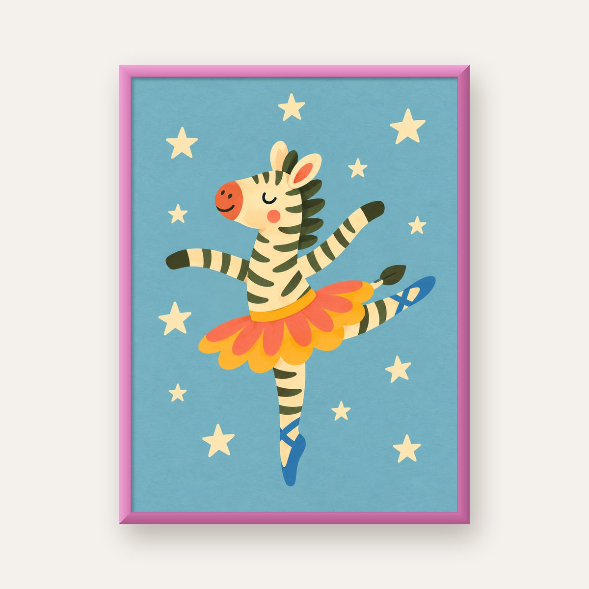 Balerin Zebra ve Yıldızlar Çocuk Odası Poster Sanatı — pembe çerçeveli