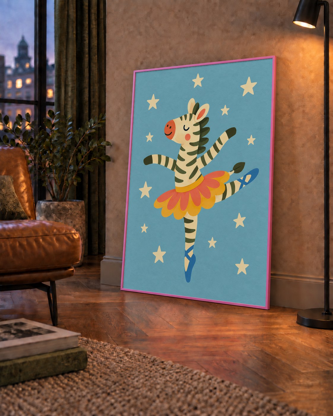 Balerin Zebra ve Yıldızlar Çocuk Odası Poster Sanatı — çerçeveli hâliyle bir ev duvarında