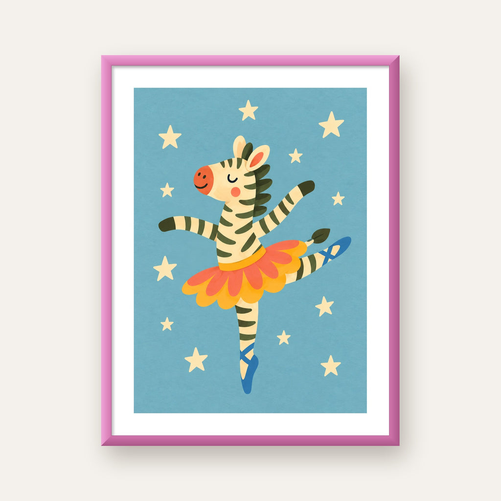 Balerin Zebra ve Yıldızlar Çocuk Odası Poster Sanatı — pembe çerçeveli paspartulu