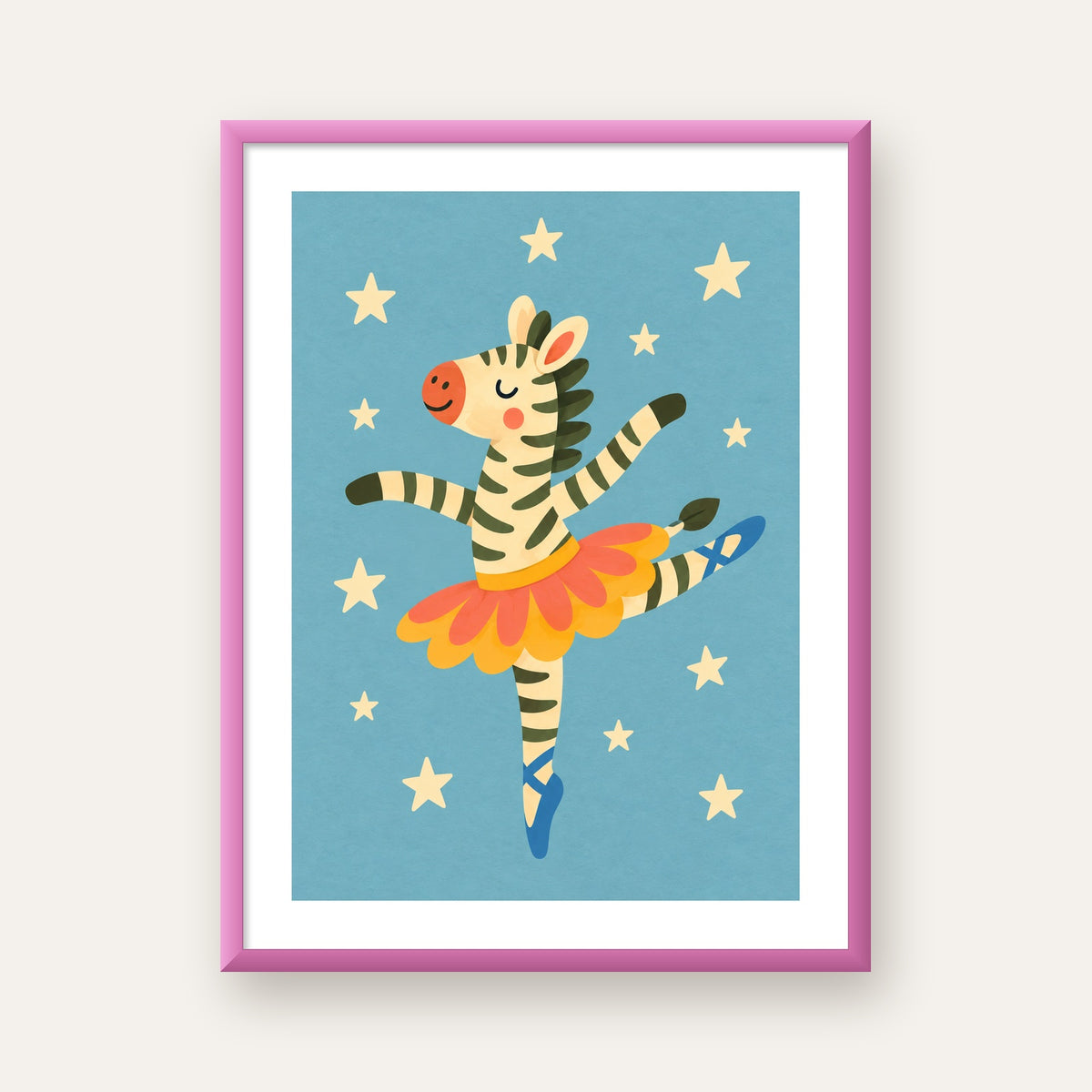 Balerin Zebra ve Yıldızlar Çocuk Odası Poster Sanatı — pembe çerçeveli paspartulu