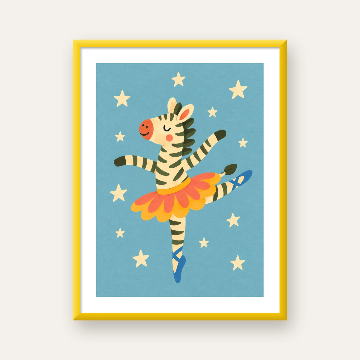 Balerin Zebra ve Yıldızlar Çocuk Odası Poster Sanatı — sarı çerçeveli paspartulu