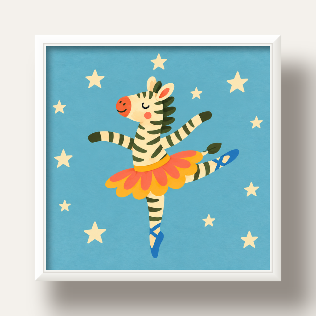 Balerin Zebra ve Yıldızlar Çocuk Odası Poster Sanatı — beyaz derin çerçeveli