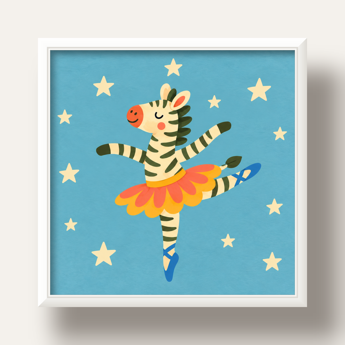 Balerin Zebra ve Yıldızlar Çocuk Odası Poster Sanatı — beyaz derin çerçeveli