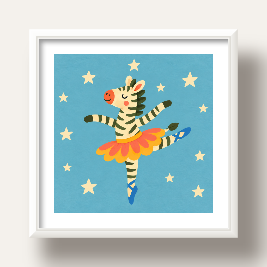 Balerin Zebra ve Yıldızlar Çocuk Odası Poster Sanatı — beyaz derin çerçeveli paspartulu
