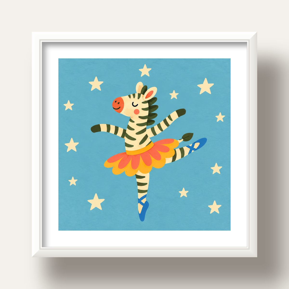Balerin Zebra ve Yıldızlar Çocuk Odası Poster Sanatı — beyaz derin çerçeveli paspartulu
