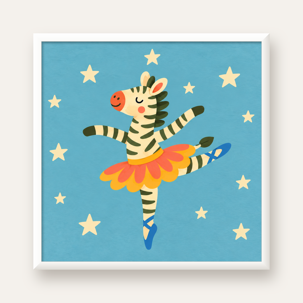 Balerin Zebra ve Yıldızlar Çocuk Odası Poster Sanatı — beyaz çerçeveli kare poster