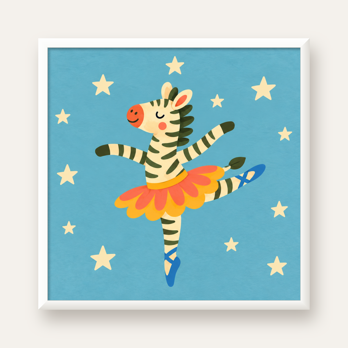 Balerin Zebra ve Yıldızlar Çocuk Odası Poster Sanatı — beyaz çerçeveli kare poster