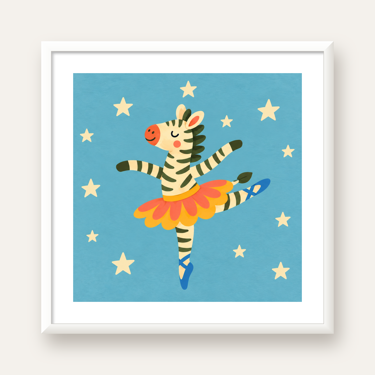 Balerin Zebra ve Yıldızlar Çocuk Odası Poster Sanatı — beyaz çerçeveli kare poster