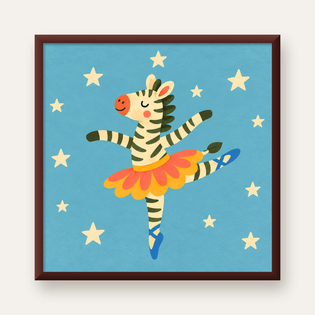 Balerin Zebra ve Yıldızlar Çocuk Odası Poster Sanatı — ceviz çerçeveli