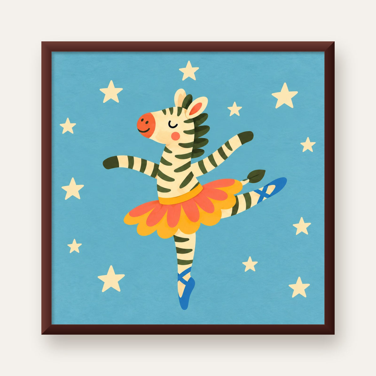 Balerin Zebra ve Yıldızlar Çocuk Odası Poster Sanatı — ceviz çerçeveli