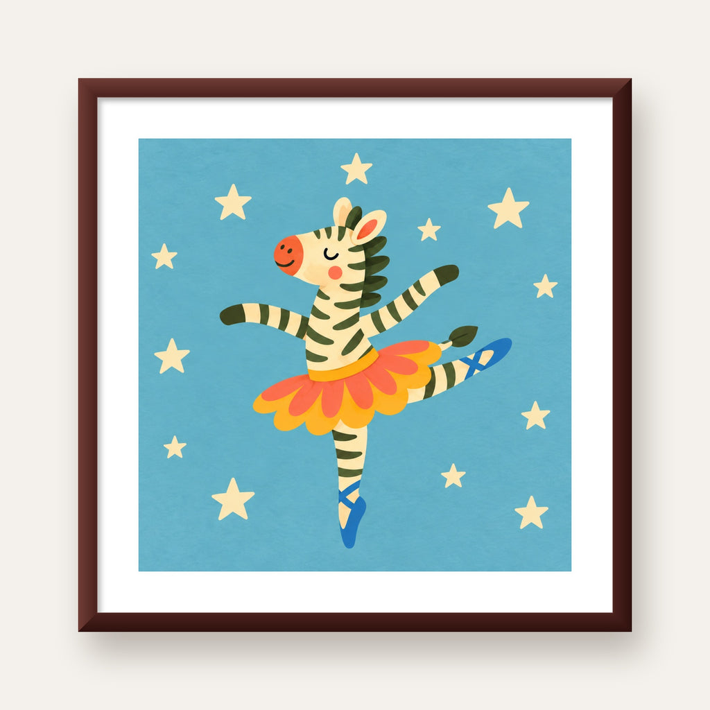 Balerin Zebra ve Yıldızlar Çocuk Odası Poster Sanatı — ceviz çerçeveli paspartulu