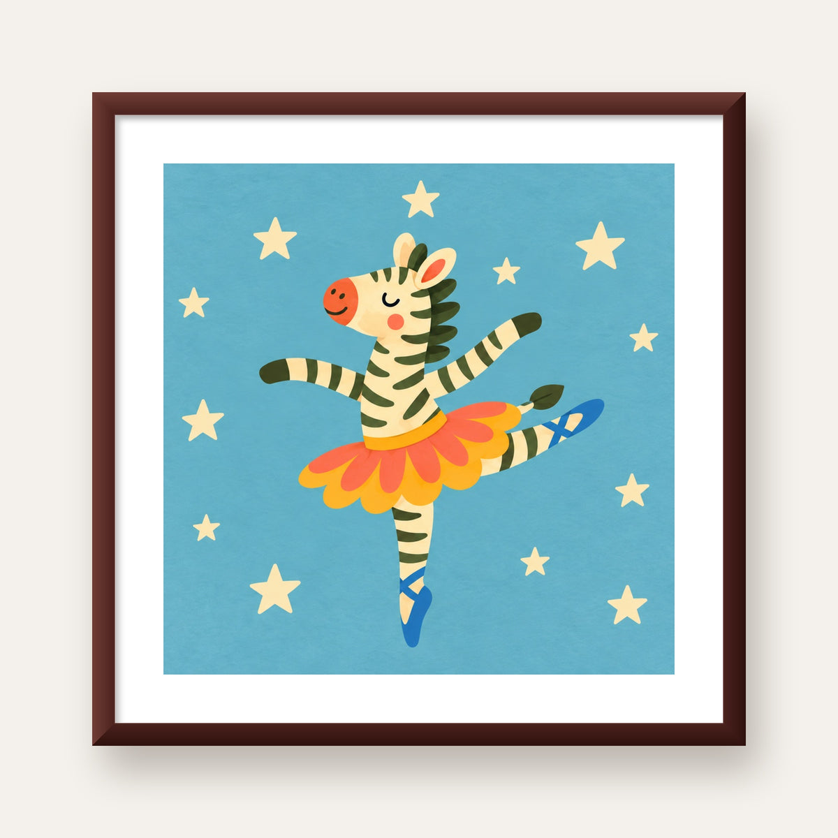 Balerin Zebra ve Yıldızlar Çocuk Odası Poster Sanatı — ceviz çerçeveli paspartulu