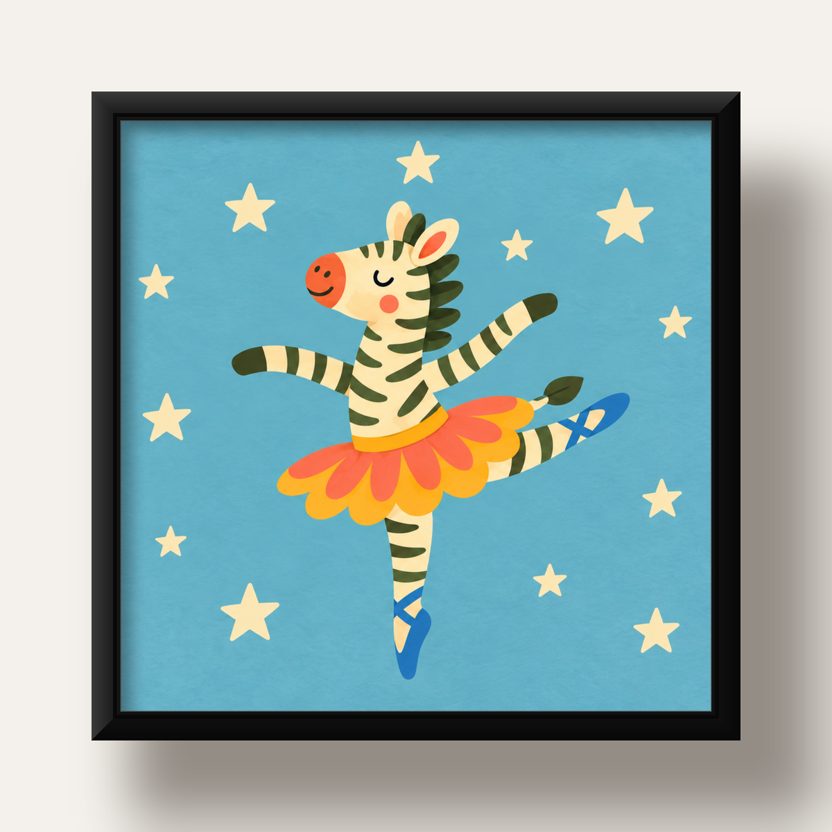 Balerin Zebra ve Yıldızlar Çocuk Odası Poster Sanatı — siyah derin çerçeveli