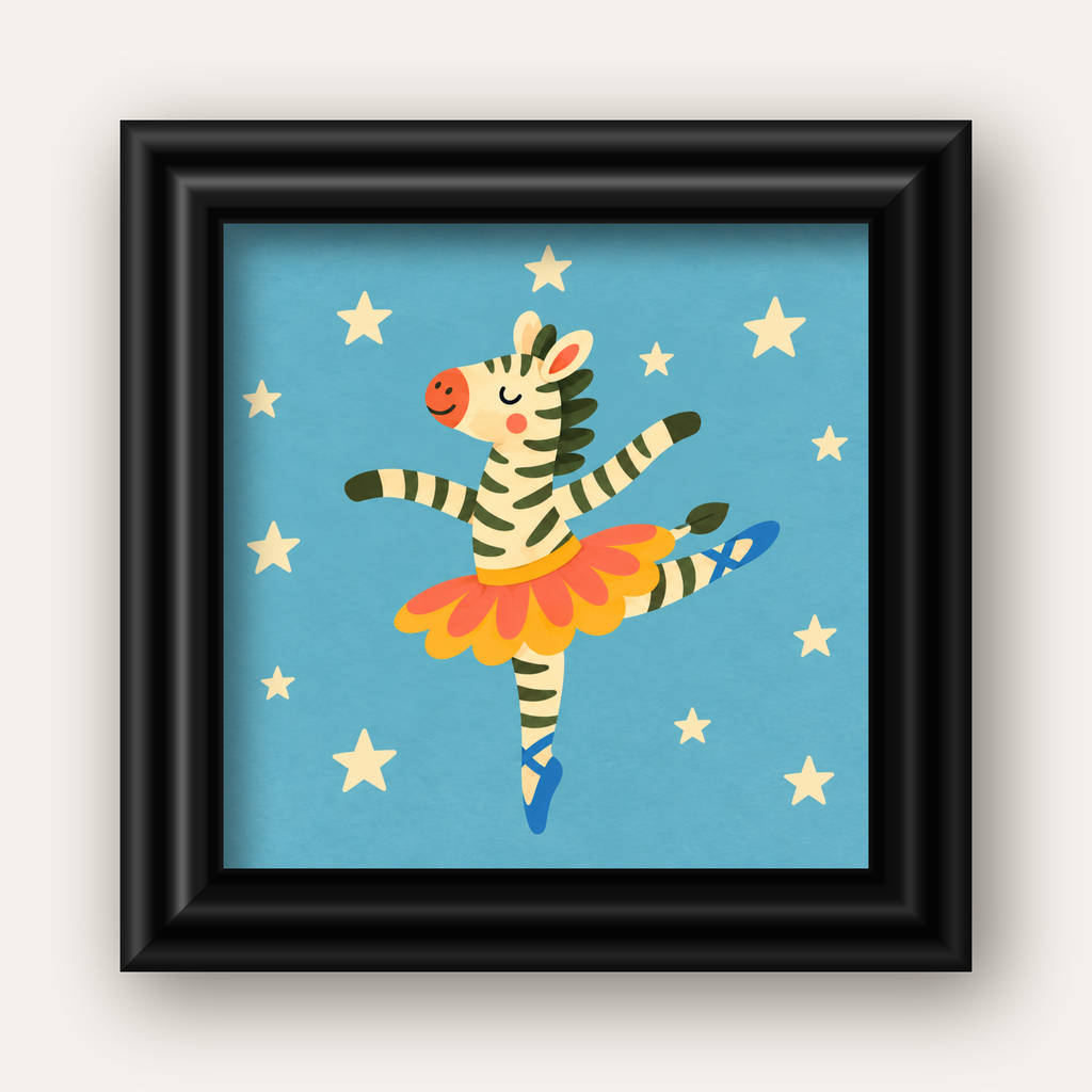 Balerin Zebra ve Yıldızlar Çocuk Odası Poster Sanatı — siyah galeri çerçeveli