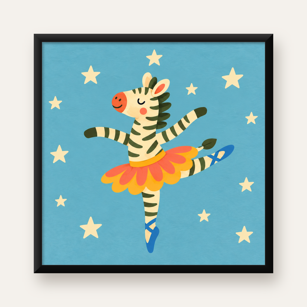 Balerin Zebra ve Yıldızlar Çocuk Odası Poster Sanatı — Kare baskı, düz siyah çerçeveli duvar posteri