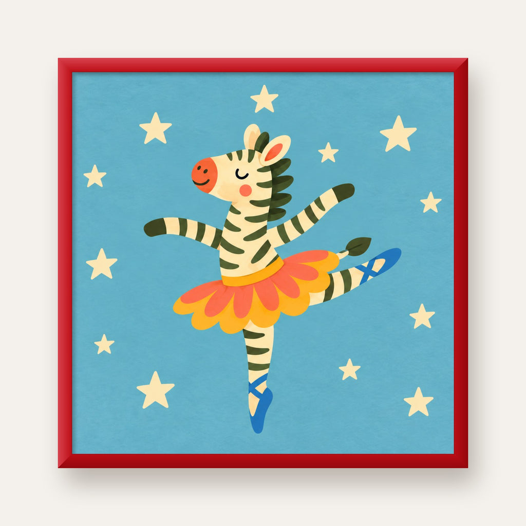 Balerin Zebra ve Yıldızlar Çocuk Odası Poster Sanatı — kırmızı çerçeveli