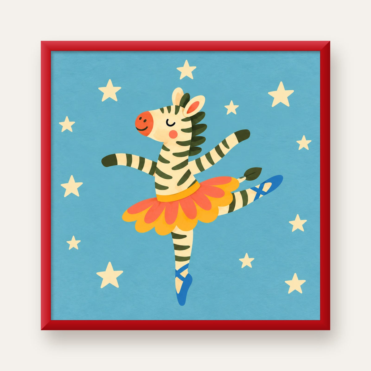 Balerin Zebra ve Yıldızlar Çocuk Odası Poster Sanatı — kırmızı çerçeveli