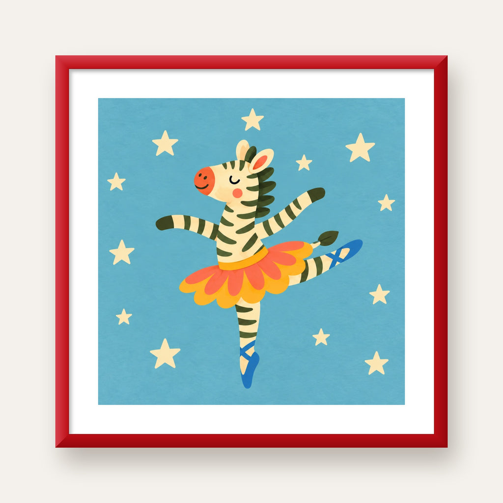 Balerin Zebra ve Yıldızlar Çocuk Odası Poster Sanatı — kırmızı çerçeveli paspartulu