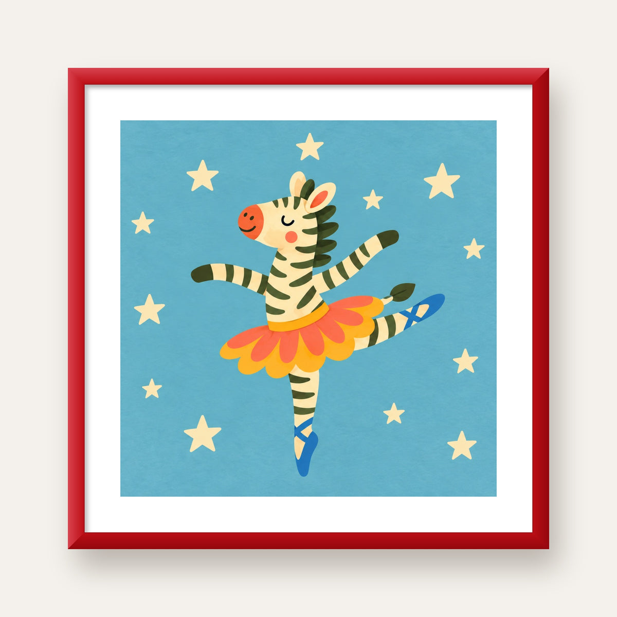 Balerin Zebra ve Yıldızlar Çocuk Odası Poster Sanatı — kırmızı çerçeveli paspartulu