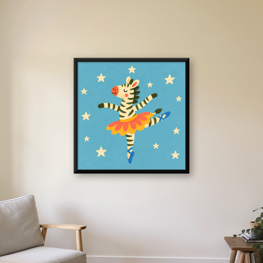 Balerin Zebra ve Yıldızlar Çocuk Odası Poster Sanatı — Kare baskı, çerçeveli hâliyle bir ev duvarında