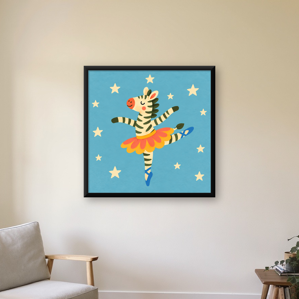 Balerin Zebra ve Yıldızlar Çocuk Odası Poster Sanatı — Kare baskı, çerçeveli hâliyle bir ev duvarında